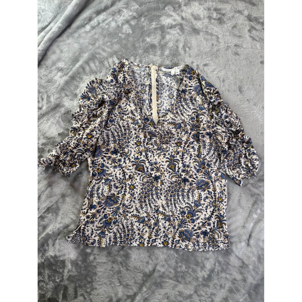 Veronica Beard Blouse Womens 10 Blue White Floral Ruched Puff Sleeve Zip V-Neck